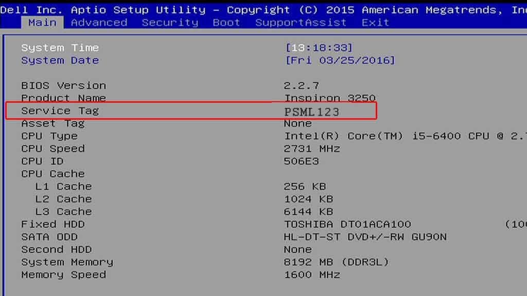 Dell inspiron 3520 service tag on Bios menu