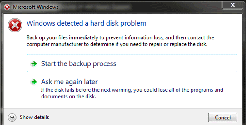 Windows detected a problem with the hard disk back up your files immediately