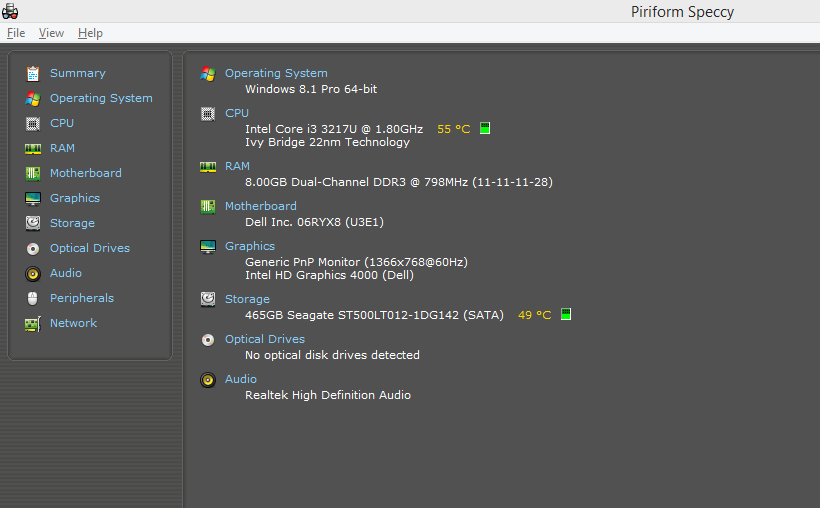 Dell laptop hardware device status by speccy