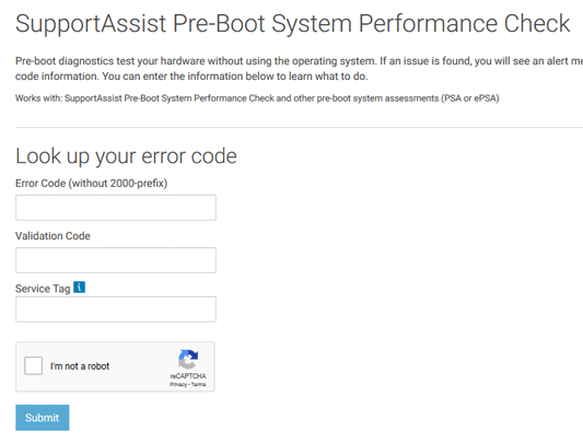 To submit ePSA error codes fill in the form 