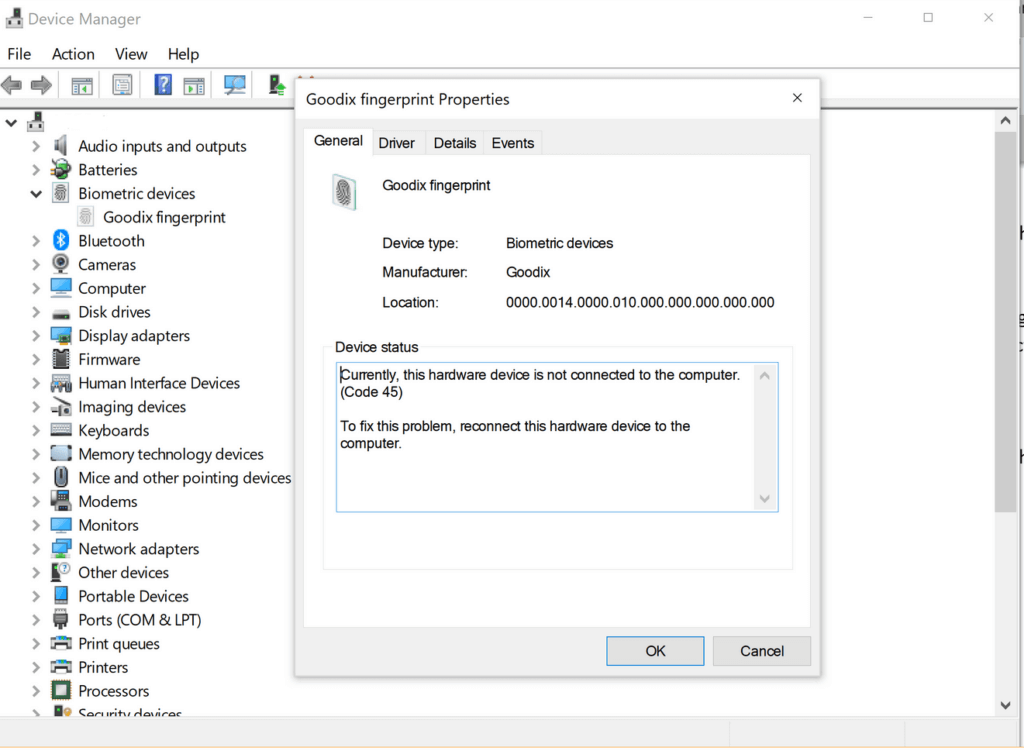 Goodix Fingerprint erro code 45 in device manager