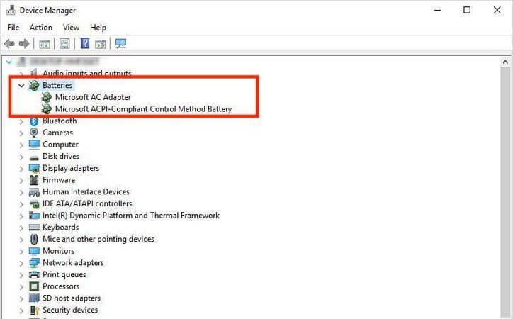 Device Manager batteries section to uninstall the ACPI driver