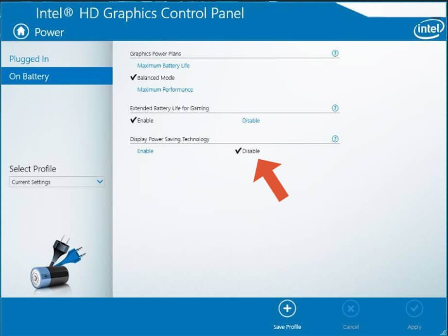 Intel-Graphics-Control-panel window to disable  Display Power saving Technology 