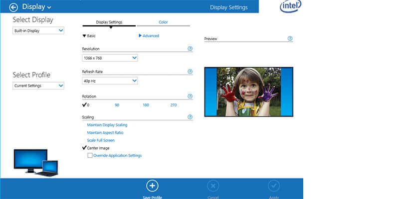 Intel HD Graphics settings window