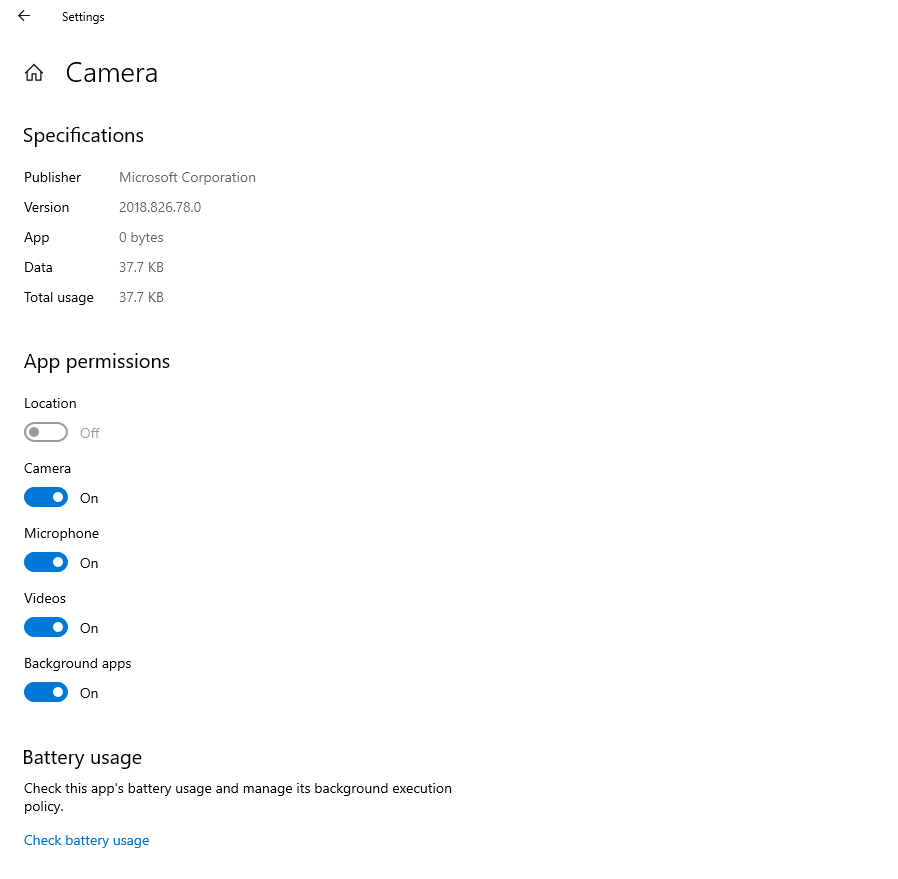 Windows settings to change camera permissions