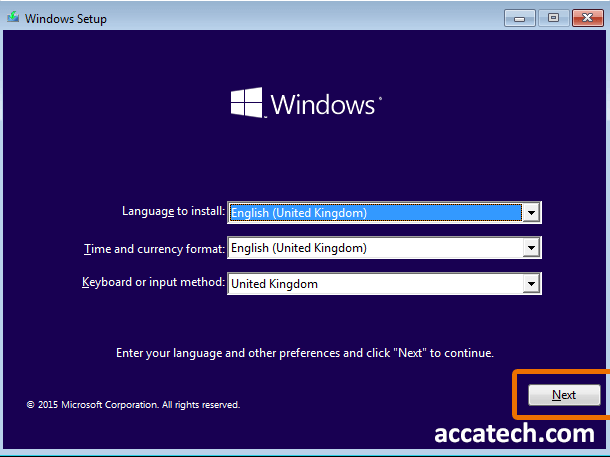 Language selection window when installing windows