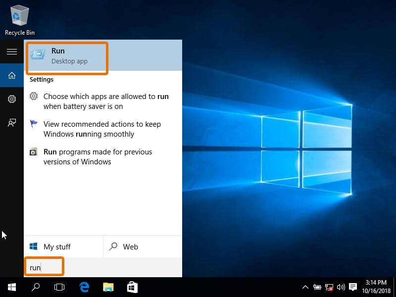 Run window in windows 10