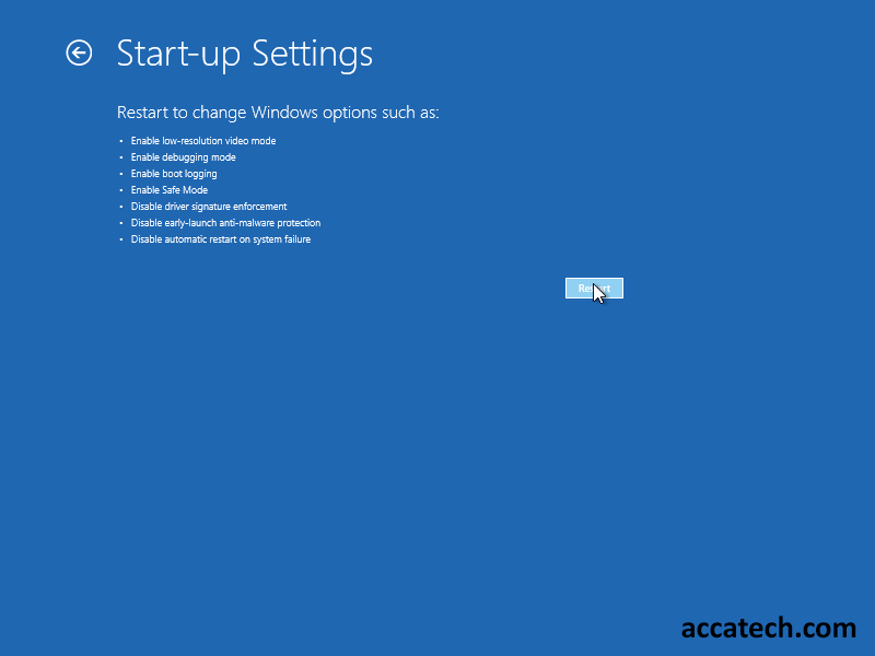 Restart to change windows settings changing start-up settings