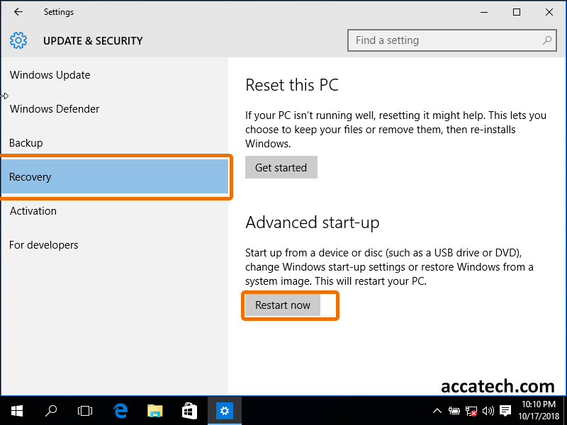 in recovery section select restart now as highlighted