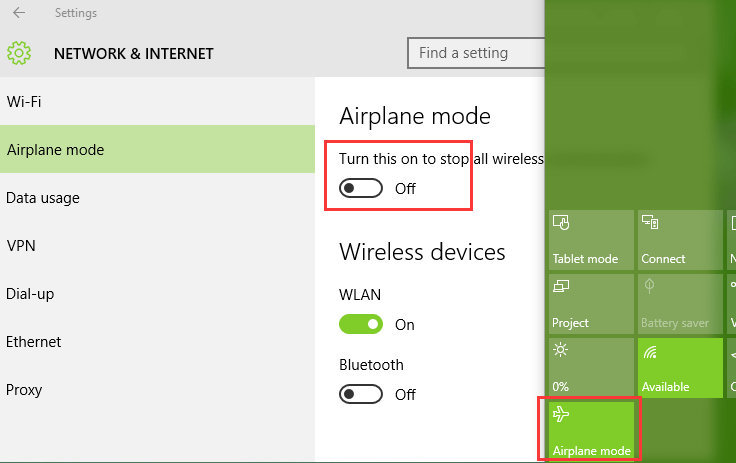 Disable airplane mode in windows 10