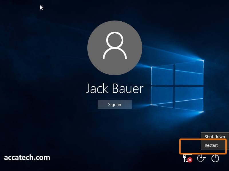 In Windows 10 login screen. Press the SHIFT button on the keyboard then click Restart