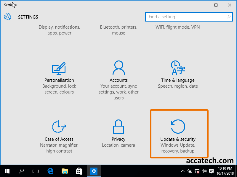 Windows 10 settings, select update and recovery